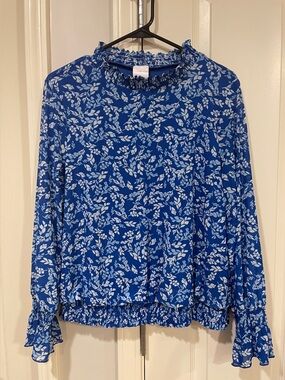 Blue Floral Long-Sleeve Ruffled Neck Blouse